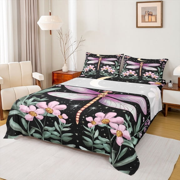Feelyou Dragonfly Floral Kid Twin Sheet Sets, Boho Galaxy Stars Bedding, 3 Pieces