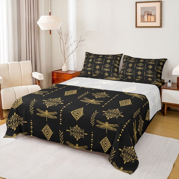Feelyou Dragonfly Teen Twin Sheet Sets, Yellow Boho Aztec Damask Bedding, 3 Pieces