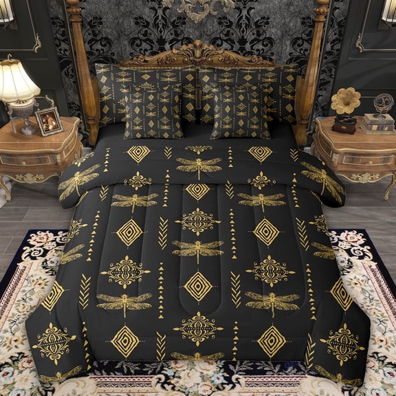 Feelyou Dragonfly Twin Bedding Sets 7pcs, Yellow Boho Aztec Damask Bedding Comforter Set