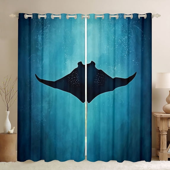 Feelyou Dream Spotted Stingray Curtains Pack of 2 (42x84 Each) for Men Boys, Sea Marine Animal Curtains Blackout, Teal Blue