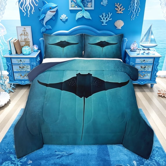 Feelyou Dream Spotted Stingray Full Size Comforter Sets for Men Boys, Sea Marine Animal Bedding Sets, Teal Blue, Blue Reversible, 3pcs