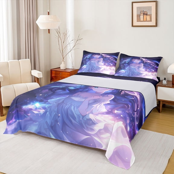 Feelyou Dreamy Anime Girl Bed Sheets, Glitter Stars Galaxy King Sheets, 4 Pieces