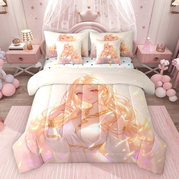 Feelyou Dreamy Anime Girl Bedding Comforter Set 7pcs, Japanese Gold King Bedding Sets