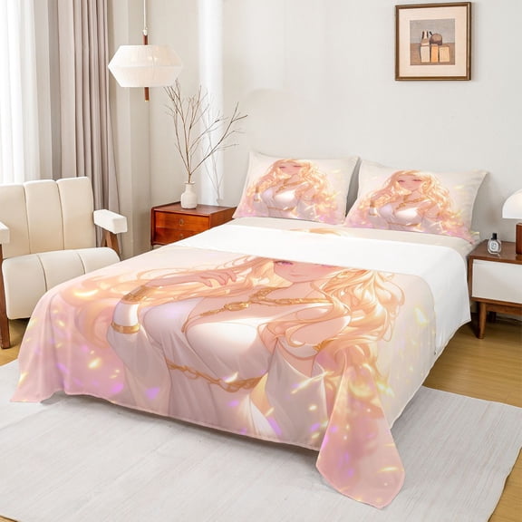 Feelyou Dreamy Anime Girl Full Size Sheets, Japanese Style Gold Bed Sheets, 4pcs