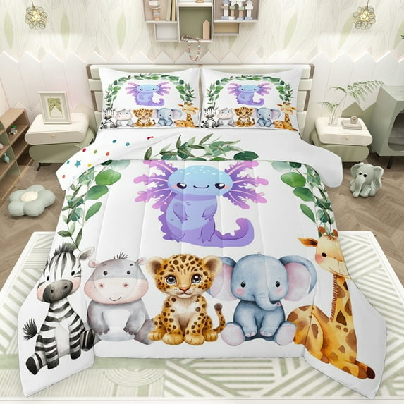 Feelyou Dreamy Axolotl Animal Bedding Comforter Set, Cartoon Cheetah Elephant Zebra Lover Twin Comforter Sets, Teens Kids Boys Girls Reversible Bedding Set, Ultra Soft Bedroom Decor, 2 Pieces
