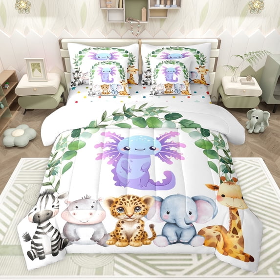 Feelyou Dreamy Axolotl Animal Twin Bedding Sets 7-Piece, Cartoon Cheetah Elephant Zebra Lover Bedding Comforter Set, Teens Kids Boys Girls Reversible Sheet Sets, Ultra Soft Bedroom Decor