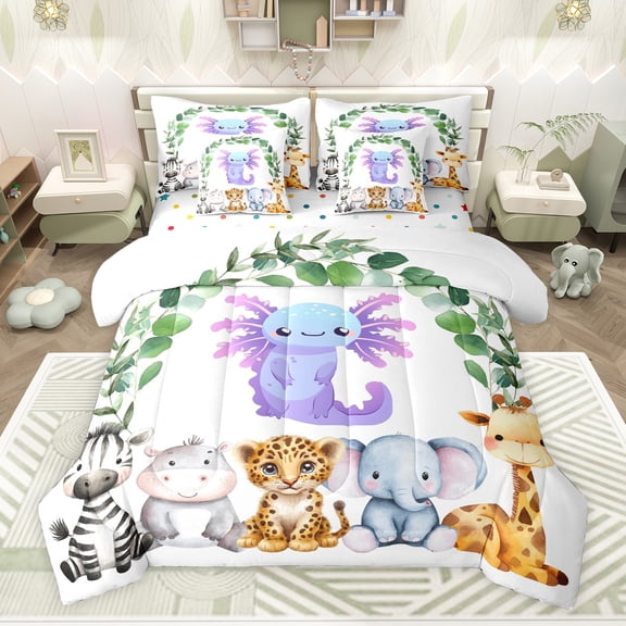 Feelyou Dreamy Axolotl Animal Twin Bedding Sets 7-Piece, Cartoon Cheetah Elephant Zebra Lover Bedding Comforter Set, Teens Kids Boys Girls Reversible Sheet Sets, Ultra Soft Bedroom Decor