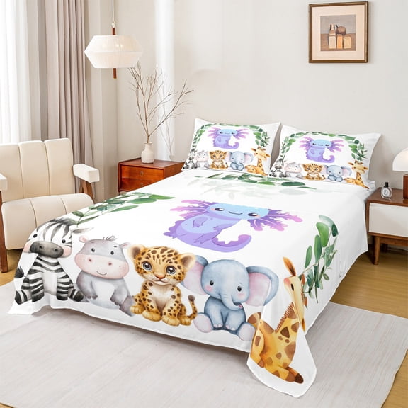 Feelyou Dreamy Axolotl Animal Twin Sheet Sets, Cartoon Cheetah Elephant Zebra Lover Twin Fitted Sheet, Teens Kids Boys Girls Flat Sheet, Ultra Soft Bedroom Decor, 3 Pieces