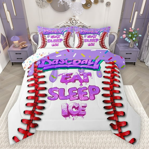 Feelyou Dreamy Birthday Cake Bedding Comforter Set, Cartoon Baseball Stripes Twin Comforter Sets, Eat Sleep Sport Reversible Bedding Set, Luxury Bedroom Decor, 2pcs