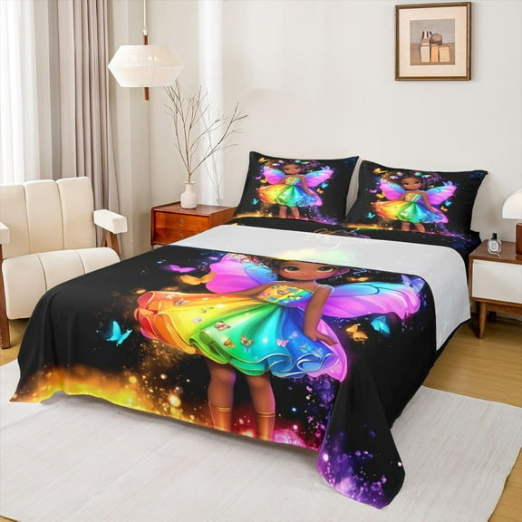 Feelyou Dreamy Black Princess Twin Sheet Sets, Kawaii Angel Fairy Elf Twin Fitted Sheet, Magic Butterflu Animal Flat Sheet, Ultra Soft Bedroom Decor, 3pcs