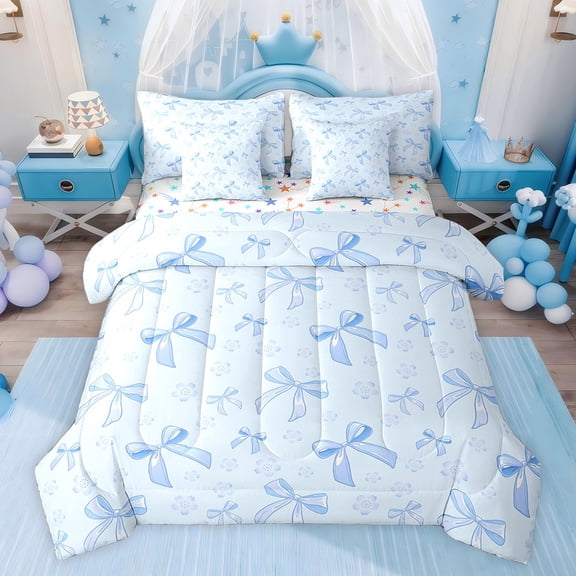 Feelyou Dreamy Blue Bowknot Bedding Comforter Set 7pcs for Girls, Fairy Tale Princess King Bedding Sets, Blossoms Flower Floral Reversible Bed Sheets, Lightweight Room Decor