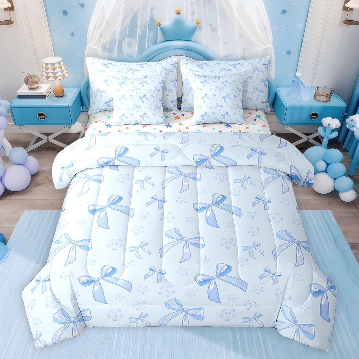 Reversible Sheets Feelyou Dreamy Blue Bowknot Twin Bedding Sets 7-Piece for Girls, Fairy ...