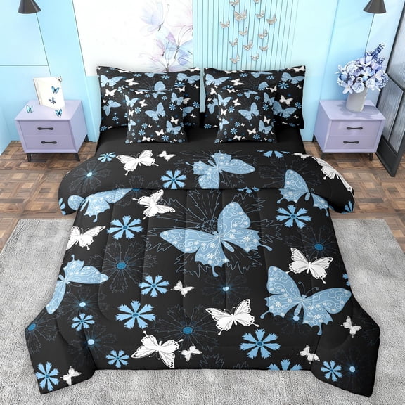 Feelyou Dreamy Blue Butterfly Bedding Comforter Set 7pcs, Cartoon Groovy Floral Queen Bedding Sets, Teens Kids Girls Women Reversible Queen Sheet Sets, Microfiber Bedroom Decor