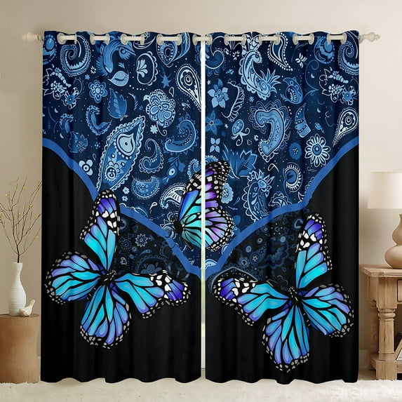 Feelyou Dreamy Blue Butterfly Black Out Curtains, Western Bohemian Paisley Curtains Pack of 2 (42x63 Each), Vintage Damask Flower Bedroom Curtains, Blackout Curtains Home Decor