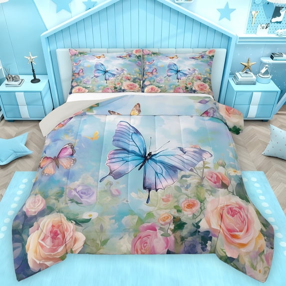 Feelyou Dreamy Blue Butterfly Full Size Comforter Sets, Romantic Rose Flower Bedding Comforter Set, Kawaii Princess style Reversible Bedding Sets, Microfiber Bedroom Decor, 3-Piece