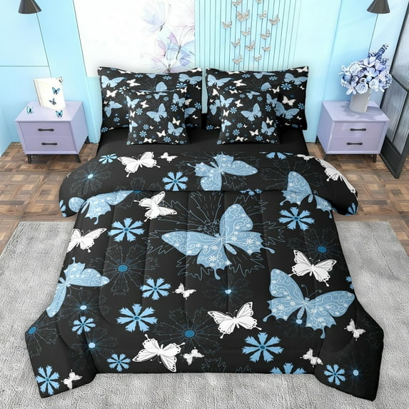 Feelyou Dreamy Blue Butterfly Twin Bedding Sets 7-Piece, Cartoon Groovy Floral Bedding Comforter Set, Teens Kids Girls Women Reversible Sheet Sets, Microfiber Bedroom Decor
