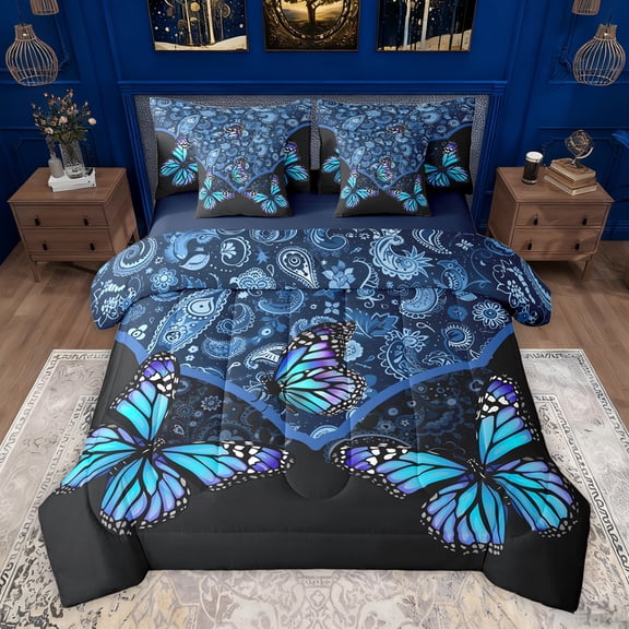 Feelyou Dreamy Blue Butterfly Twin Bedding Sets 7-Piece, Western Bohemian Paisley Bedding Comforter Set, Vintage Damask Flower Reversible Sheet Sets, Breathable Home Decor