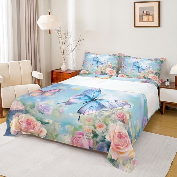 Feelyou Dreamy Blue Butterfly Twin Sheet Sets, Romantic Rose Flower Twin Fitted Sheet, Kawaii Princess style Flat Sheet, Microfiber Bedroom Decor, 3-Piece