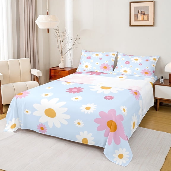 Feelyou Dreamy Blue Floral Twin Sheet Sets, Kawaii Daisy Groovy Flower Twin Fitted Sheet, Dreamy Princess Style Flat Sheet, Lightweight Room Decor, 3-Piece