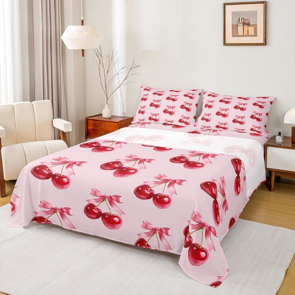 Feelyou Dreamy Bow Ribbon Full Size Sheets for Girl, Pink Watercolor Bow-tie Bed Sheets, Red Cartoon Cherry Sheet Sets, Lightweight Room Decor, 4pcs