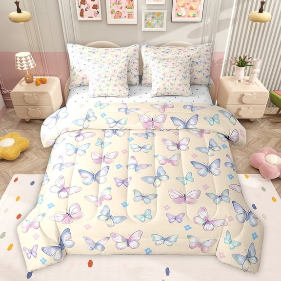 Feelyou Dreamy Butterfly Child Bedding Comforter Set 7pcs, Kawaii Cartoon Animal King Bedding Sets, Blossoms Flower Floral Reversible Bed Sheets, Luxury Bedroom Decor