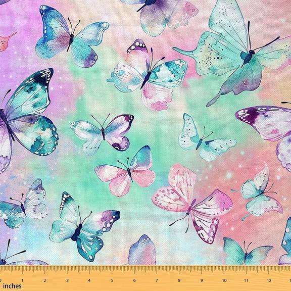 Feelyou Dreamy Butterfly Fabric by the Yard 1 Yard, Green Watercolor Home Decor Fabric by the Yard, Kawaii Animal Sewing Fabric, Lightweight Room Decor