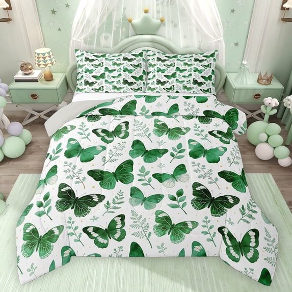 Feelyou Dreamy Butterfly Kid Twin Comforter Sets, Green Leaves Plant Bedding Set, 2pcs