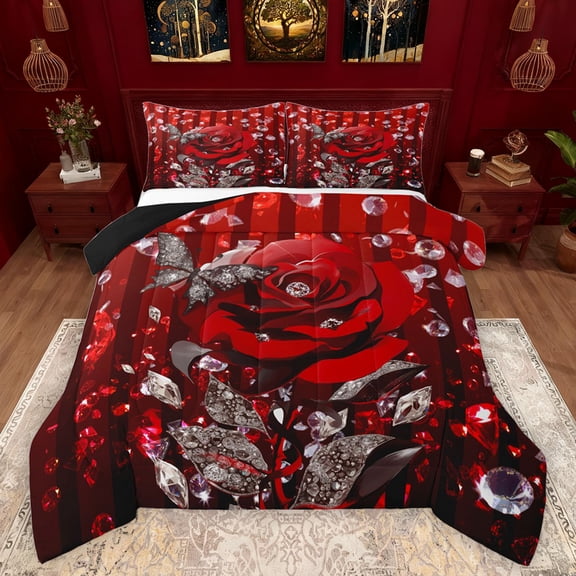Feelyou Dreamy Butterfly Rose Queen Comforter Set, Glitter Diamond Bedding Sets, Chic Red Stripes Reversible Bedding Comforter Set, Super Cozy Room Decor, 3 Pieces