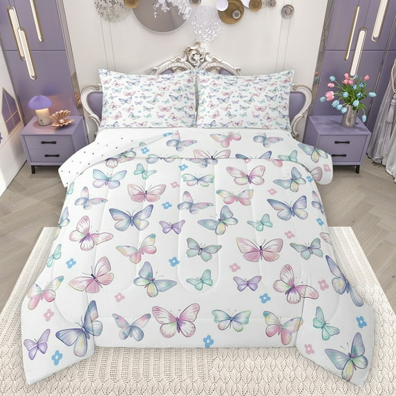 Feelyou Dreamy Butterfly Teens Full Size Comforter Sets, Kawaii Cartoon Animal Bedding Comforter Set, Cute Flower Floral Reversible Bedding Sets, Ultra Soft Bedroom Decor, 3pcs