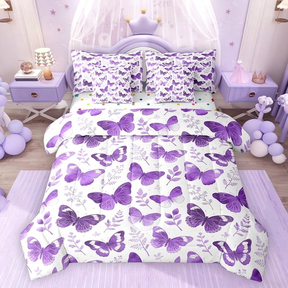 Feelyou Dreamy Butterfly Twin Bedding Sets 7-Piece, Purple Leaves Bedding Comforter Set