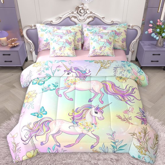 Feelyou Dreamy Cartoon Unicorn Bedding Comforter Set 7pcs, Kawaii Butterfly Animal Queen Bedding Sets, Fairy Tale Theme Reversible Queen Sheet Sets, Lightweight Room Decor