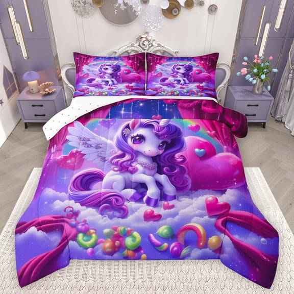 Feelyou Dreamy Cartoon Unicorn Bedding Comforter Set for Kids, Kawaii Magic Animal Twin Comforter Sets, Love Heart Reversible Bedding Set, Microfiber Bedroom Decor, 2-Piece