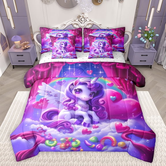 Feelyou Dreamy Cartoon Unicorn Twin Bedding Sets 7-Piece for Kids, Kawaii Magic Animal Bedding Comforter Set, Love Heart Reversible Sheet Sets, Microfiber Bedroom Decor