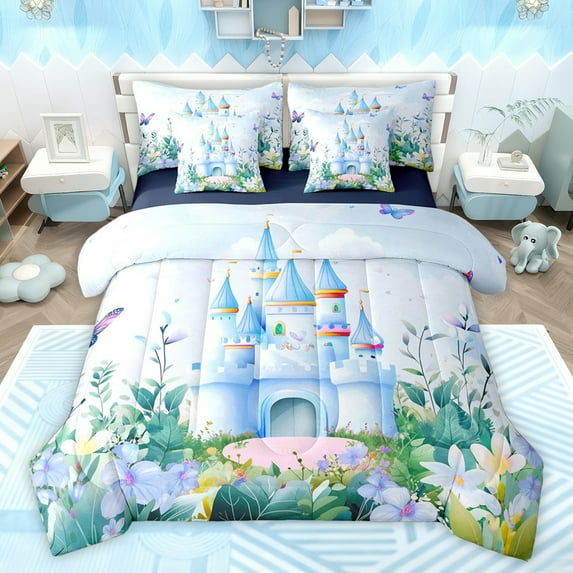 Feelyou Dreamy Castle Kids Bedding Comforter Set 7pcs, Cartoon Floral Flower Queen Bedding Sets, Fairy Tale Princess Style Reversible Queen Sheet Sets, Ultra Soft Bedroom Decor