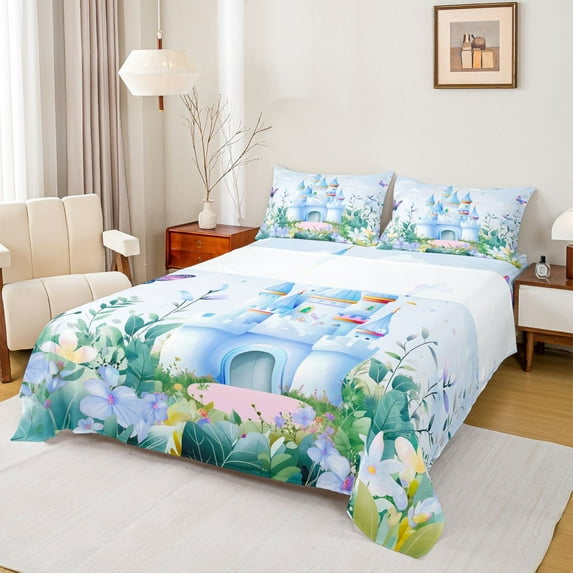 Feelyou Dreamy Castle Kids Full Size Sheets, Cartoon Floral Flower Bed Sheets, Fairy Tale Princess Style Sheet Sets, Ultra Soft Bedroom Decor, 4pcs