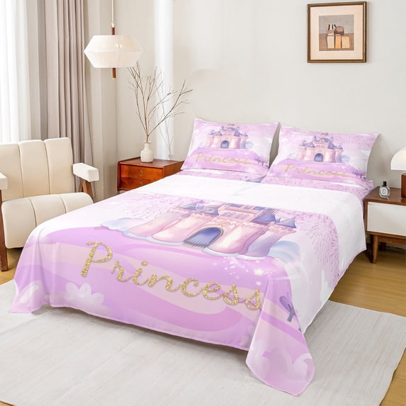 Feelyou Dreamy Castle Purple Queen Sheet Sets, Magic Princess Fairy Flat Sheet, Teens Kids Girls Women Queen Fitted Sheet, Microfiber Bedroom Decor, 4 Pieces