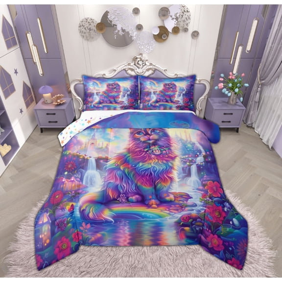 Feelyou Dreamy Cat Animal Bedding Comforter Set for Teen, Princess Castle Waterfall Twin Comforter Sets, Fairy Tale Reversible Bedding Set, Super Cozy Room Decor, 2 Pieces