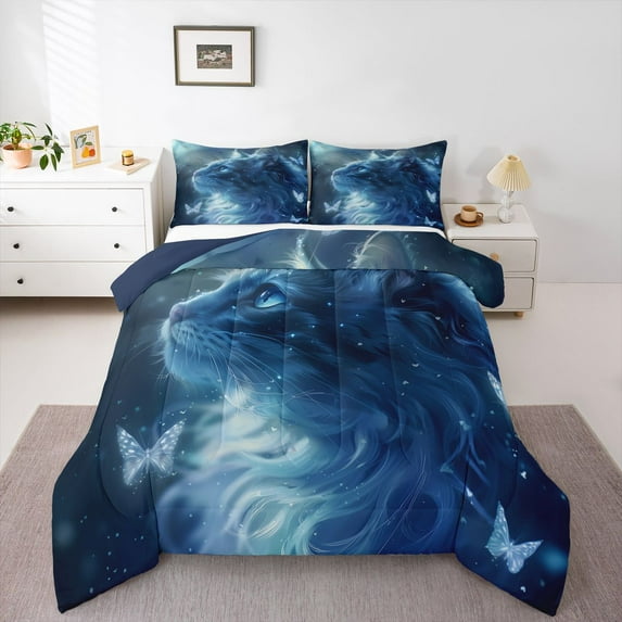 Feelyou Dreamy Cat Animal Full Size Comforter Sets, Glitter Butterfly Bedding Sets, 3pcs