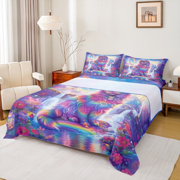 Feelyou Dreamy Cat Animal Twin Sheet Sets for Teen, Princess Castle Waterfall Twin Fitted Sheet, Fairy Tale Flat Sheet, Super Cozy Room Decor, 3 Pieces