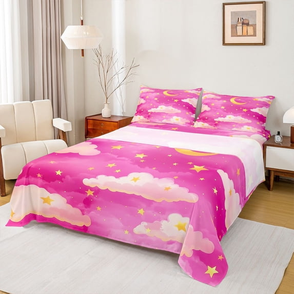 Feelyou Dreamy Cloud Galaxy Twin Sheet Sets, Cartoon Stars Print Twin Fitted Sheet, Watercolor Pink Flat Sheet, Lightweight Room Decor, 3 Pieces
