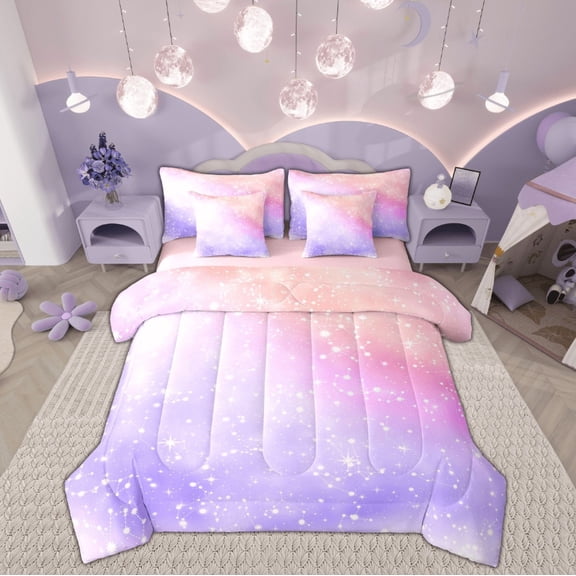 Feelyou Dreamy Constellation Child Twin Bedding Sets 7-Piece, Star Starry Sky Bedding Comforter Set, Purple Galaxy Reversible Sheet Sets, Breathable Home Decor