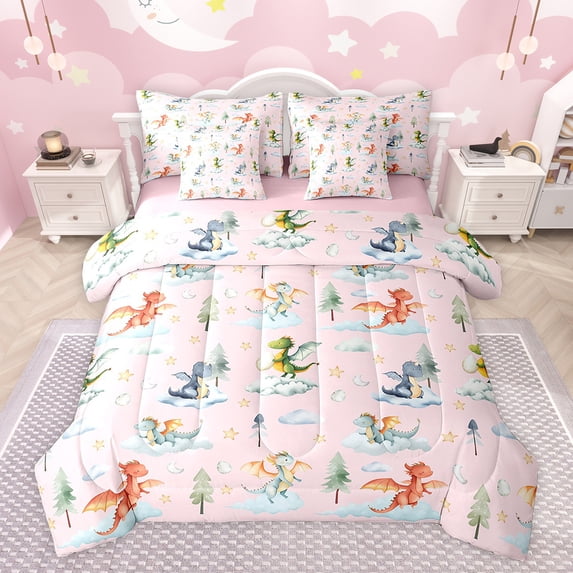 Feelyou Dreamy Cute Dragon Bedding Comforter Set 7 Pieces for Kids, Tree Plant Botanical Full Bedding Set, Pink Cartoon Dinosaur Reversible Fitted Sheet Flat Sheet, Breathable Home Decor