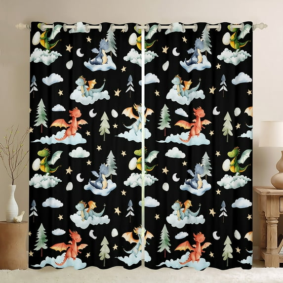 Feelyou Dreamy Cute Dragon Black Out Curtains for Kids, Tree Plant Botanical Curtains Pack of 2 (42x63 Each), Black Cartoon Dinosaur Bedroom Curtains, Curtains and Drapes Decor