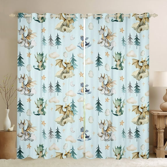Feelyou Dreamy Cute Dragon Blackout Curtains Set of 2 (52x84 Each) for Kids, Tree Plant Botanical Window Curtains, Blue Cartoon Dinosaur Curtains and Drapes, Black Out Curtains Decor