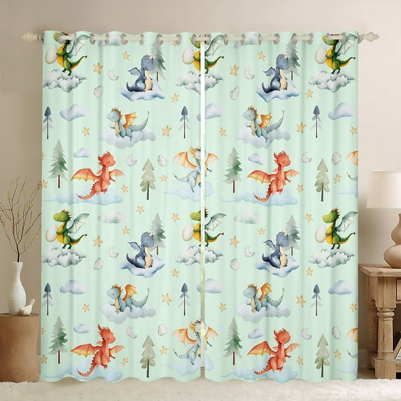 Feelyou Dreamy Cute Dragon Curtains Pack of 2 (42x84 Each) for Kids, Tree Plant Botanical Curtains Blackout, Green Cartoon Dinosaur Bedroom Curtains, Blackout Curtains Bedroom Decor