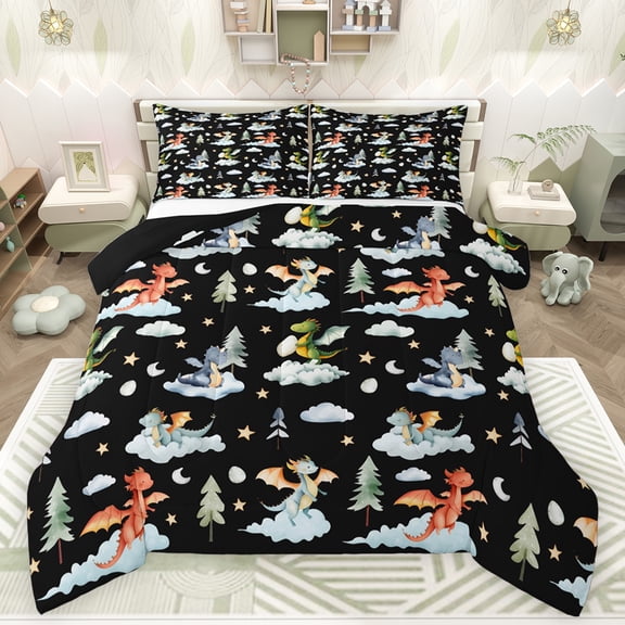 Feelyou Dreamy Cute Dragon Full Size Comforter Sets for Kids, Tree Plant Botanical Bedding Comforter Set, Black Cartoon Dinosaur Reversible Bedding Sets, Lightweight Room Decor, 3-Piece