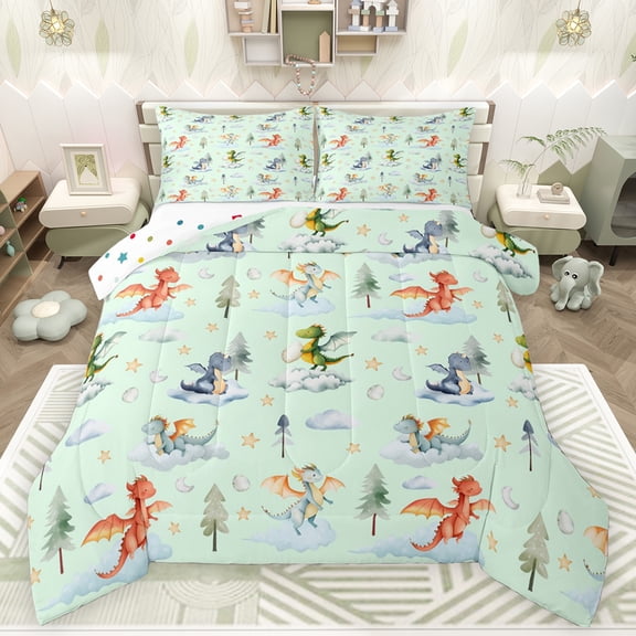Feelyou Dreamy Cute Dragon Queen Comforter Set for Kids, Tree Plant Botanical Bedding Sets, Green Cartoon Dinosaur Reversible Bedding Comforter Set, Luxury Bedroom Decor, 3pcs