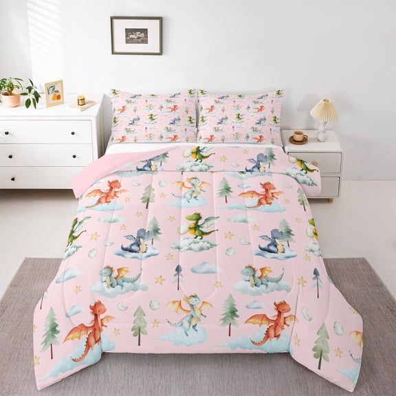 Feelyou Dreamy Cute Dragon Queen Comforter Set for Kids, Tree Plant Botanical Bedding Sets, Pink Cartoon Dinosaur Reversible Bedding Comforter Set, Breathable Home Decor, 3-Piece