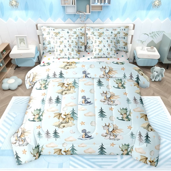Feelyou Dreamy Cute Dragon Twin Bedding Sets 7-Piece for Kids, Tree Plant Botanical Bedding Comforter Set, Blue Cartoon Dinosaur Reversible Sheet Sets, Super Cozy Room Decor