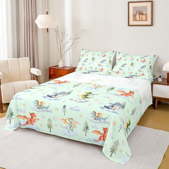 Feelyou Dreamy Cute Dragon Twin Sheet Sets for Kids, Tree Plant Botanical Twin Fitted Sheet, Green Cartoon Dinosaur Flat Sheet, Luxury Bedroom Decor, 3pcs